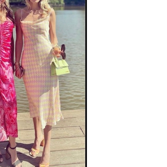 Olivia Rubin Silk Aubrey Harlequin Diamond Satin Slip Midi Dress Pink Yellow 0 - Picture 3 of 7